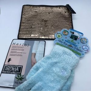 Lot Loft Sequin Pouch, Aloe Moisture Gloves, and Iroha Nature Hand Mask Gloves